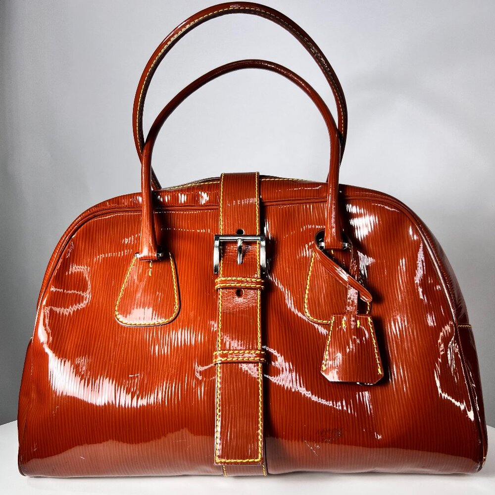 PRADA Rust Brown Vernis Patent Leather Bowling Bag with yellow stitching